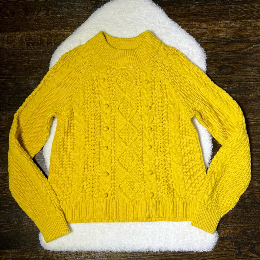 J. Crew Mustard Yellow Pom-Pom Cable Knit Sweater - Picture 2 of 14
